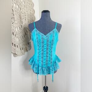 Vintage 80s Nan Flower Turquoise Lace Cami With Garter Straps Large